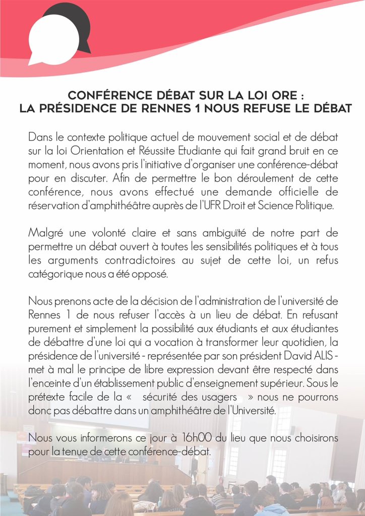 AGScpoRennes's tweet photo. Malgré la répression, la conférence-débat aura lieu ✊ Rdv à 18h devant la fac de droit (rue Jean Macé), venez nombreux-ses pour vous informer et débattre sur les réformes ! https://t.co/YsgyKc7Lvp