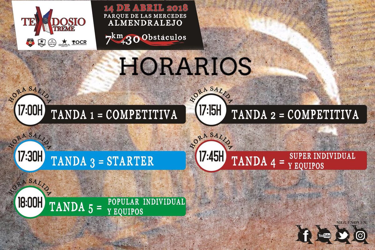TeodosioXtreme's tweet photo. HORARIOS Y TANDAS #TeodosioXtreme #14deAbril2018 #Almendralejo #CarreraDeObstaculos #Ocr #OCRAEspaña #OcrLeague2018 #OCR200 #OcrEuropeanChampionships #ElixirEdition #HoliEdition #TeodosioRacers #Cards #TandaCompetitiva #TandaNoCompetitiva #ImperioNinja https://t.co/qTrhTz4a7D