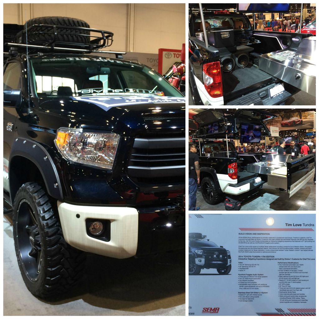 MetraElectronic's tweet photo. #TBT: The ultimate tailgater truck! This 2014 #ToyotaTundra was custom built for celebrity @cheftimlove by @divine1customs using our #TSPEC 12-volt wiring, Install Bay power supplies and installation hardware and Ethereal HDMI cables by @Metrahome. Featured at #SEMA2014 https://t.co/8wWnR02F2D