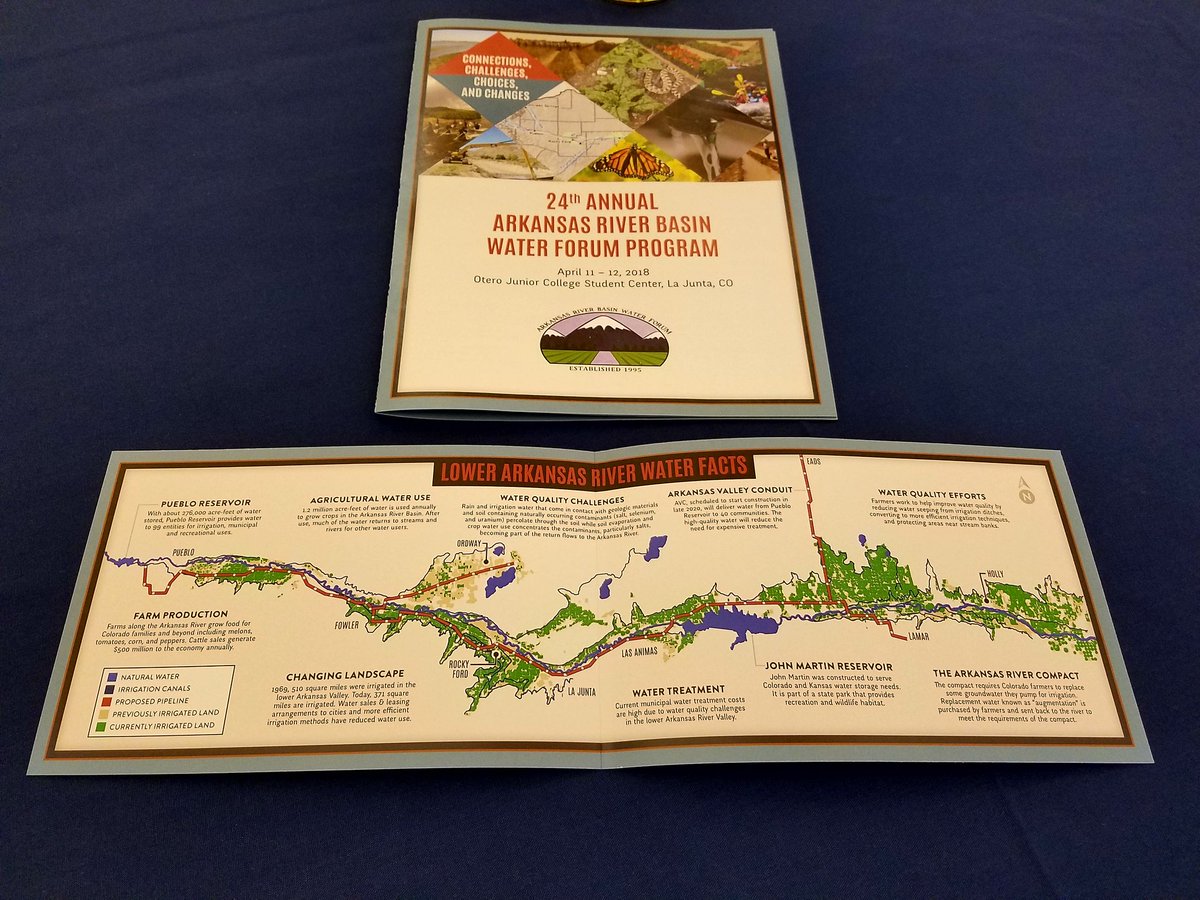 rscene92's tweet photo. Day 2 of #ARBWF! Special thanks to @CSUtilities for their help to produce the beautiful programs and #ArkansasRiver infographic for the forum. Great work! ๐ #cowater #ArkansasBasin https://t.co/7yN7DJyCJu