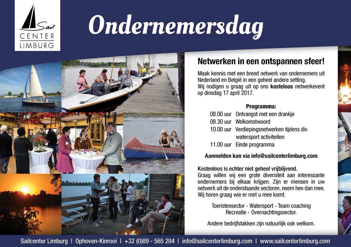Ondernememersdag bij Sailcenter Limburg!
Maak kennis met diverse bedrijven in toeristische sector om samenwerkingen en naamsbekendheid te bevorderen.

buff.ly/2Hj1uD8