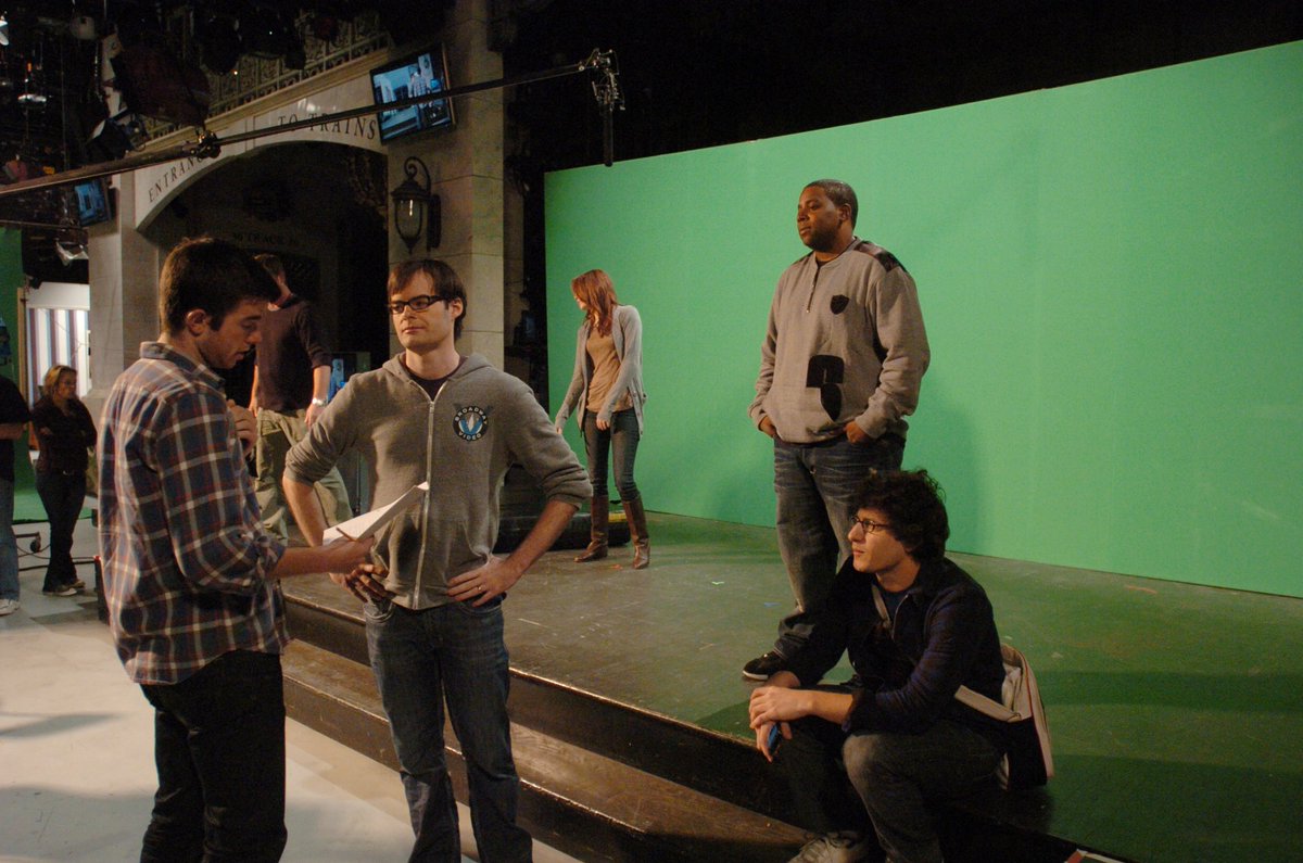 mulaney's tweet photo. #tbt Thursday rehearsal with Bill, Andy and Kenan. 2010? Everyone looks mad at me so this sketch must have involved those wires where the cast had to fly. Pic by Dana Edelson. https://t.co/GnsiOyly9R