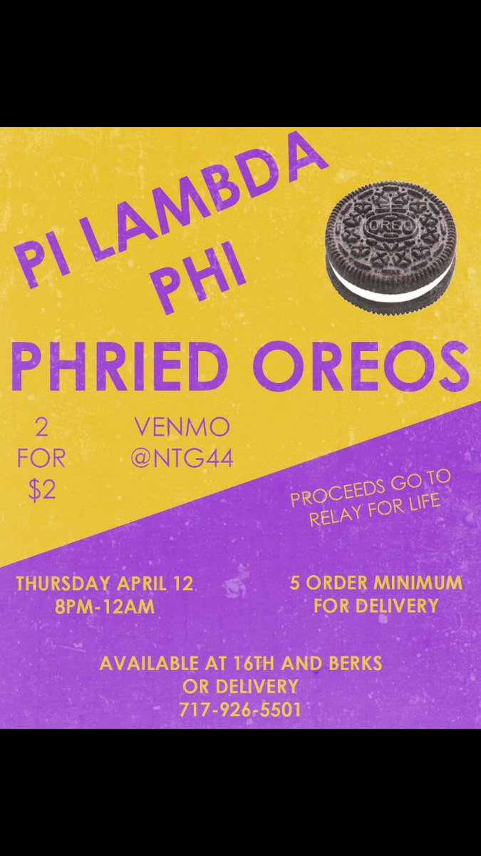 Join us tonight for our Pi Lambda Phried Oreos event! Come get them at 16th and Berks or through delivery!