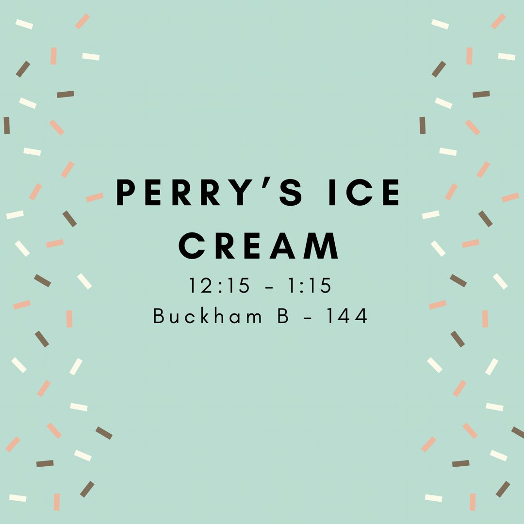 buffstateprssa's tweet photo. The communications manager for Perry’s Ice Cream will be here at 12:15! Just because it’s raining doesn’t mean we can’t enjoy some ice cream and PR talk😏🍦 https://t.co/0SECzllKBb