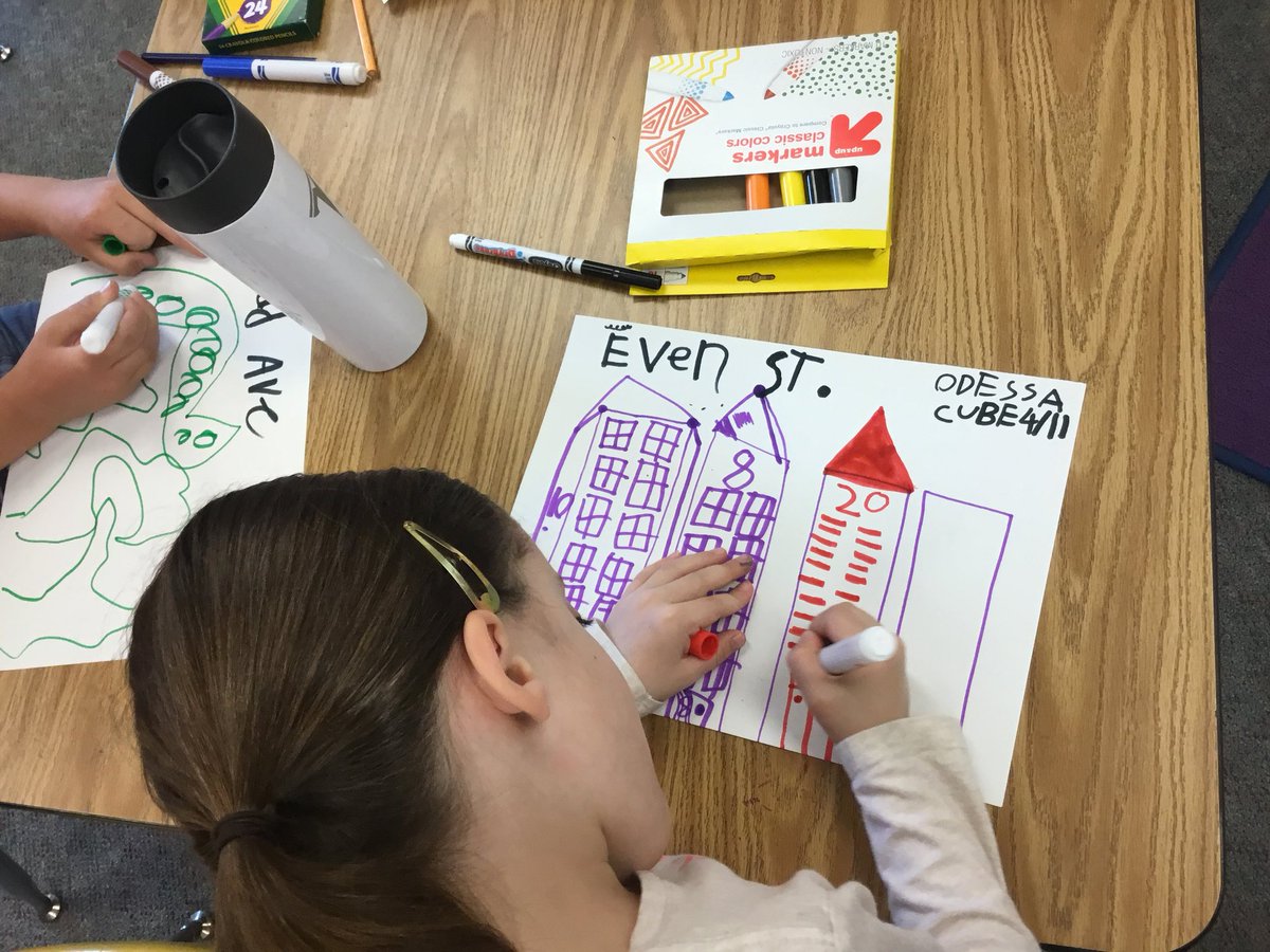 SlavinTeach's tweet image. These first graders’ “Even Street” artworks put their mastery of #evensandodds to use. Thank you @KarenBentall for the picture book connection! @APSMath @APSLiteracy #CUBEProgram