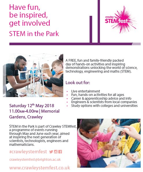 TBB_SouthEast's tweet photo. STEM in the Park is back this summer - save the date!! 
No need for tickets, just pop along for FREE family #STEM fun! See you there! 
Want more info? https://t.co/QWTefYkuq4 
  #STEMinthePark #CrawleySTEMfest https://t.co/bzzhDOFQYK