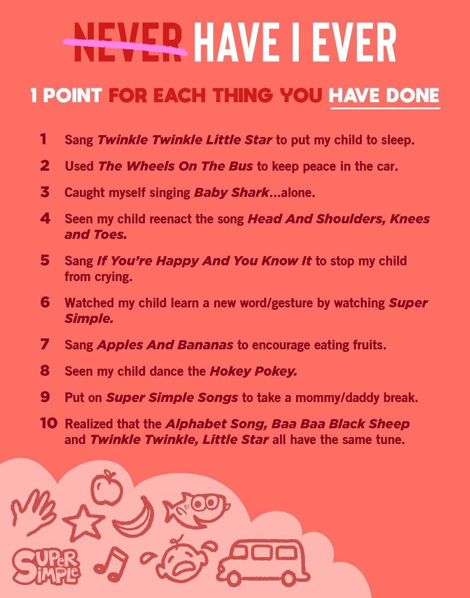SimpleSongs's tweet photo. Lets play the game "Have I Ever." 😆
You get 1 point for each thing you HAVE done. 
Share your score in the comments below.🎶 #NurseryRhymes #BabyShark #TwinkleTwinkleLittleStar #SuperSimpleOfficial #games https://t.co/hg1AV9cDBU