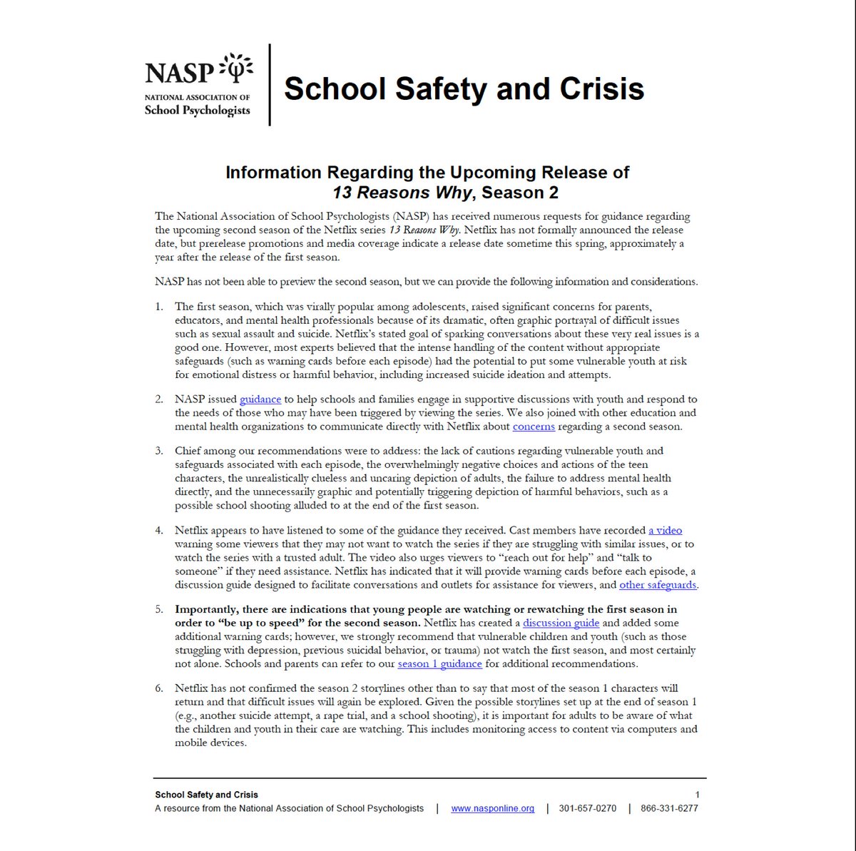 NASP has received numerous requests for guidance regarding the upcoming second season of the Netflix series, #13ReasonsWhy. Although we have not been able to preview the series, we do have some information and suggestions. 

Read more: bit.ly/2HzAzAU #NASPprepared