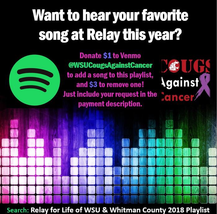 Donate $1 to the Venmo @WSUCougsAgainstCancer to add a song to this year’s Spotify playlist, and $3 to remove one - just include your request in the payment description! During the event, cash donations will be accepted to add and delete songs, too! See you this Saturday!