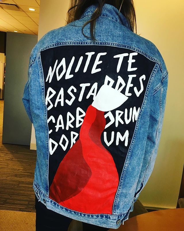 agr3's tweet photo. When your colleague wears the most badass (hand painted) denim jacket ever #handmaids #hulu #margaretatwood #nolite https://t.co/lwGLiEPJhQ