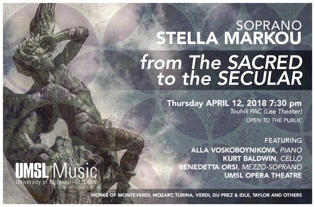 UMSLOpera's tweet image. TONIGHT, Soprano and Director Stella Markou takes us on a voyage through the Sacred and Secular. FREE! touhill.org/events/detail/… @TouhillPAC 7:30PM #STL #stltheatre #opera
