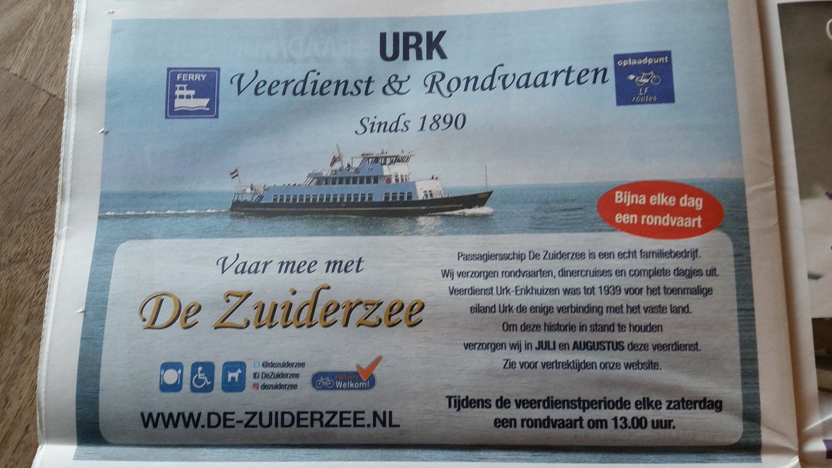 Onze advertentie in de krant :het beste van #Urk in het teken van @100jaarZZW . Een rondvaart over de voormalige #zuiderzee, vaar dan een keer met ons mee !