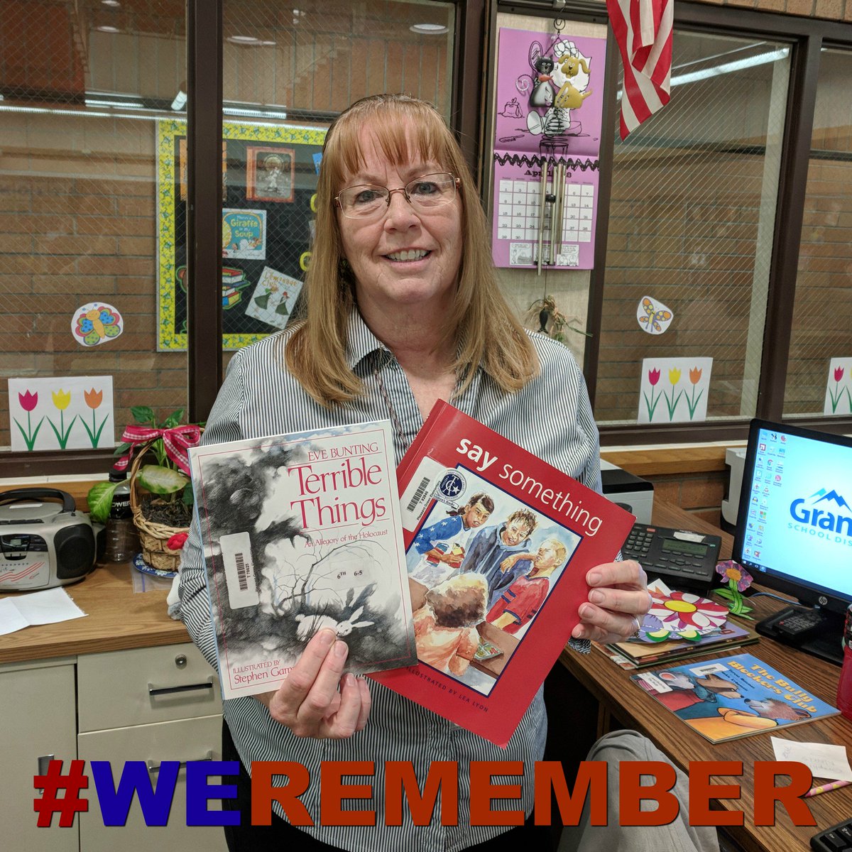 Today is Holocaust Remembrance Day. <a href="/GraniteSchools/">Granite School Dist.</a> encouraged us to strengthen empathy, understanding, and tolerance. Mrs. Lewellyn took the opportunity to read excerpts from 'Terrible Things' &amp; 'Say Something' during Library time this week. #KindnessWeek #WeRemember
