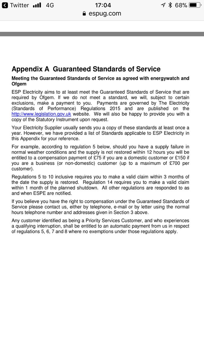 <a href="/ESPUtilities/">ESP Utilities Group</a> After 20:11 I will be emailing you for compensation claim. According to Regulation 5 In the Electricity Standards legislation if power is not restored within 12 hours I am entitled to claim £75 or £150 for a business. Please see paragraph 3.