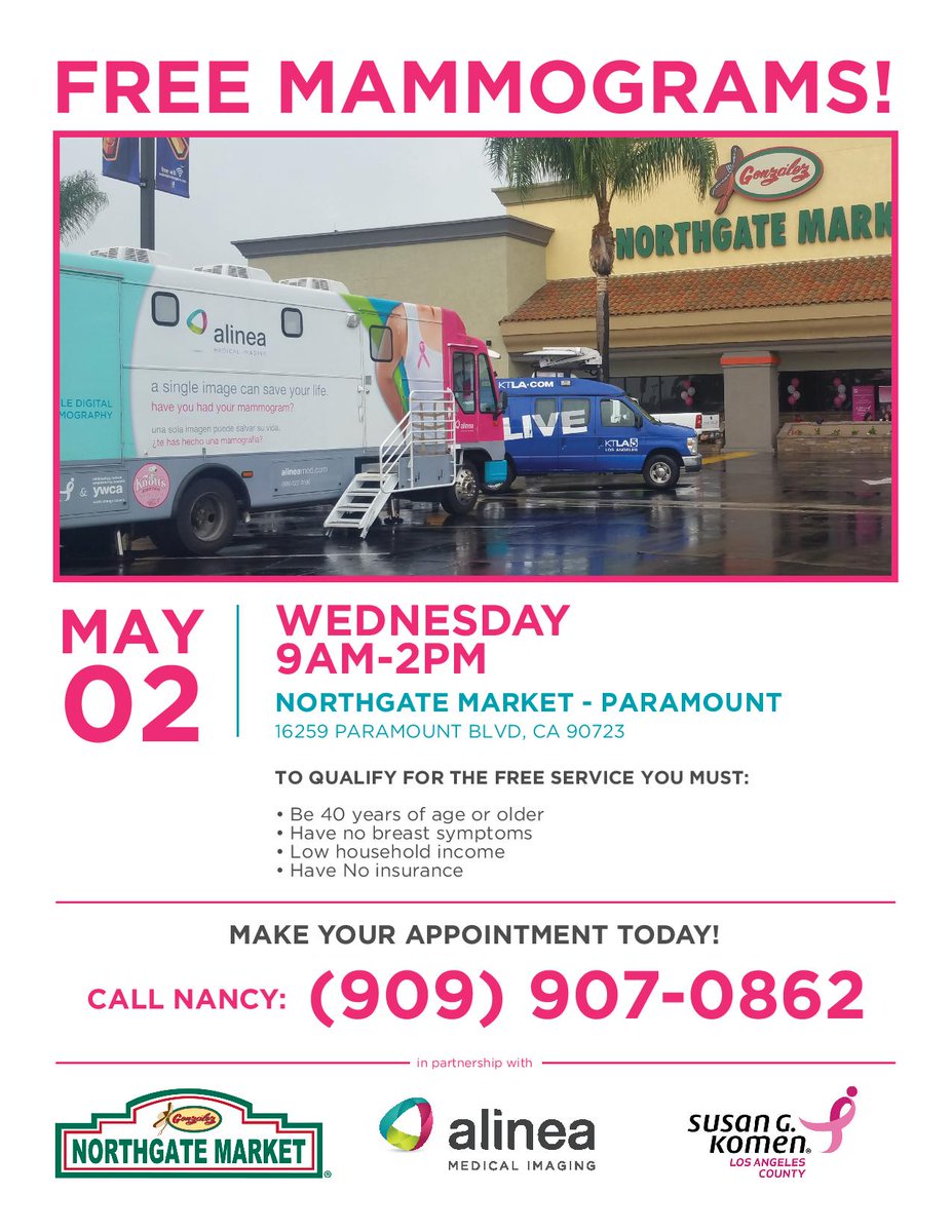alineamedical's tweet photo. Thanks for the mention! komenla: To provide more women w/ No-Cost Mammography, we've partnered w/ @NorthgateGlzMrk &amp; @alineamedical to provide screenings at 2 sites in L.A. County. If you are 40+, have no medical insurance, &amp; haven’t received a mammogram… https://t.co/rC3peR2YYE