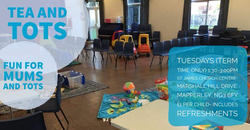 Join us for our new term of tea and tots this week. There will be lots of fun (messy) activities to entertain your little one. Tuesday's 1.30-3.00 st James church mapperley. #Nottingham #mapperley #toddlers #toddlergroup