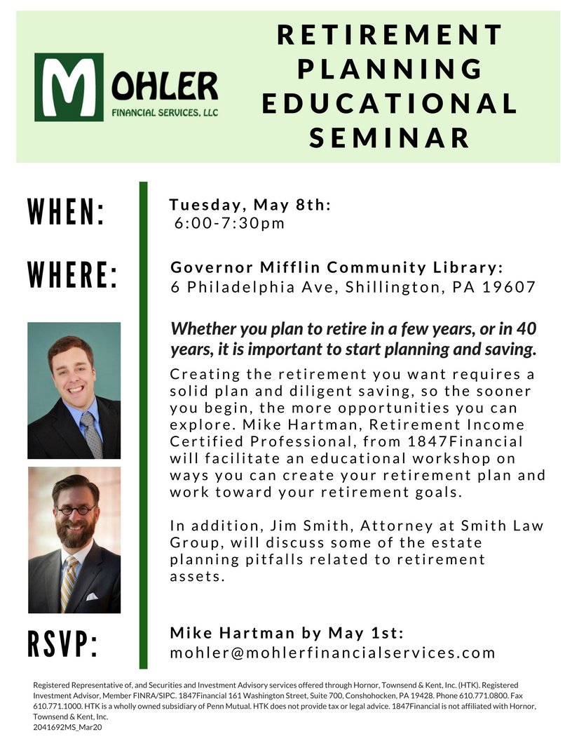 SmithLawGroupPA's tweet photo. Join Jim Smith and Mike Hartman for a Retirement Planning Educational Seminar on May 8 from 6-7:30 PM at the Governor Mifflin Community Library. It is important to have a retirement plan! Email mohler@mohlerfinancialservices.com to register by May 1. #SLG https://t.co/6py0P60Xpd https://t.co/hSg70WqtHo