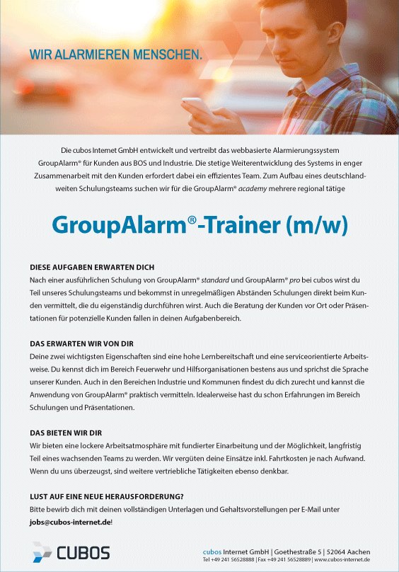 Nebenher Geld verdienen? Wir suchen bundesweit Trainer (m/w) für unsere Software GroupAlarm® zur Verstärkung unseres Schulungsteams. Jetzt unter jobs@cubos-internet.de bewerben und Teil eines tollen Teams werden!
 #GroupAlarm®
 #WirAlarmierenMenschen