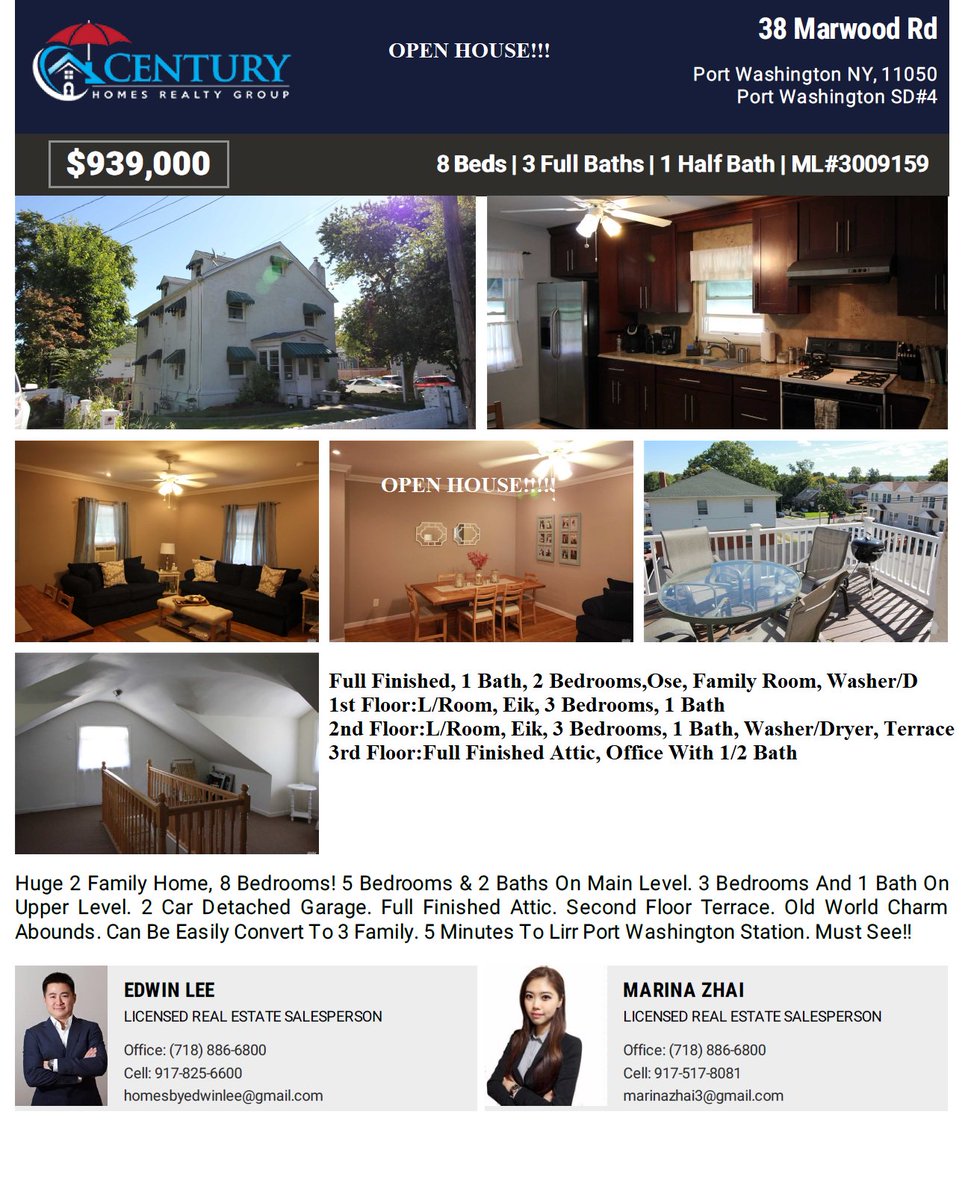 Century_Homes's tweet image. OPEN HOUSE! ALL WELCOME!!! 
Sat 4/14 1-3pm 
38 Marwood RD Port Washing ton 11050
Edwin L 917-825-6600 Marina Z 917-517-8081 
#openhouse #2fam #portwashington #mustsee #forsale #realtorslife #agents #sell #realestatelife