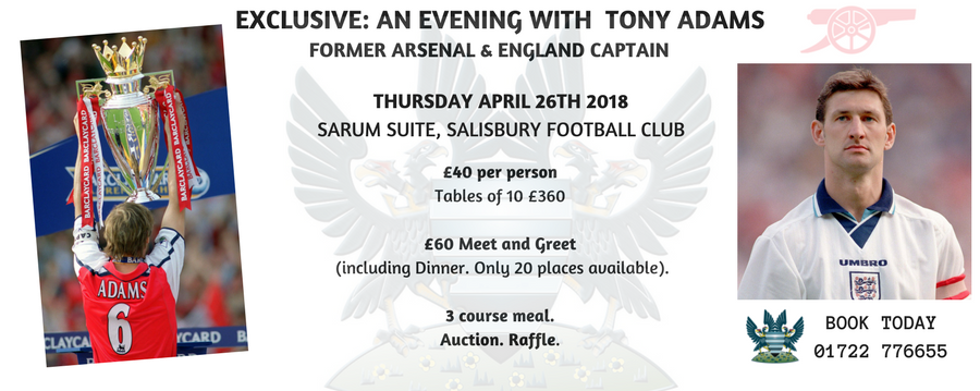 SalisburyFC's tweet photo. We have just 3 VIP tickets, and 17 places in all, left for our dinner with Tony Adams in the Sarum Suite on Thursday April 26th. Going to be a memorable evening. Don't miss out. Available to purchase here... https://t.co/LKZ3kKySGz https://t.co/M4vTXIJbLq