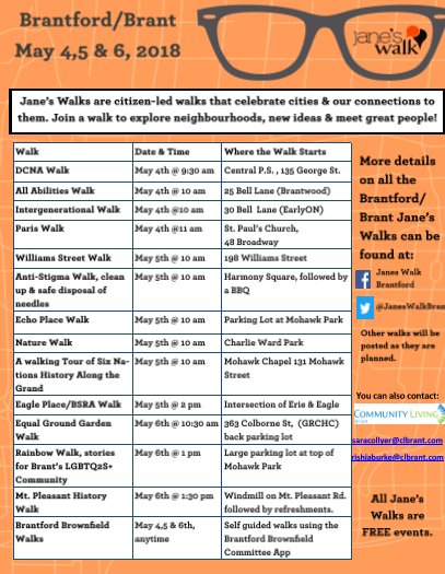 JanesWalkBrant's tweet photo. Brantford/Brant Jane's Walk dates, times and locations have been posted! Check out the flyer for more information. Follow us on Facebook https://t.co/W0aUDyr2kt for info on each walk & breaking news on more walks! @CityofBrantford @BrantCommunity @janeswalk #janeswalkbrant https://t.co/KenxdFLOc2