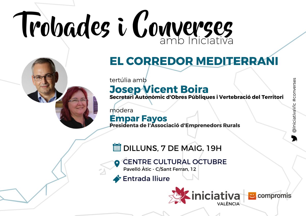 Iniciativavlc's tweet photo. Dilluns que ve, tenim les #Converses amb Iniciativa on podrem parlar amb @JosepBoira i @emparfayos sobre el #CorredorMediterrani 
🗓 7 de maig
🕖 19h
📍 @OctubreCCC https://t.co/Me7AyYelR4