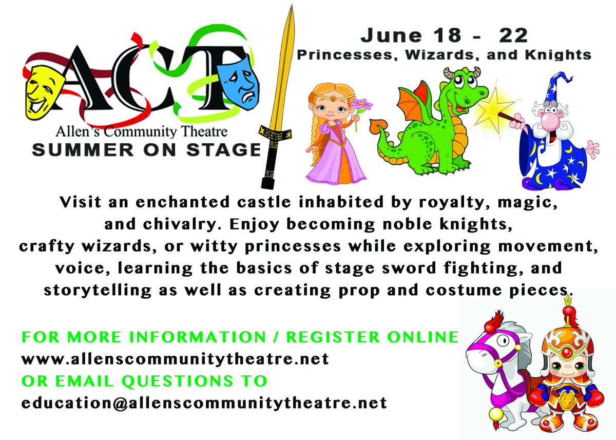 ACTAllen's tweet photo. ACT's Summer On Stage has won the "Best Summer Camp" award from the Star Local Media Reader's Choice Awards for 3 years in a row, so you won't wanna miss 'em!
#summercamp #theatercamp #theaterclasses #allenscommunitytheatre https://t.co/MXsjpdKFbw