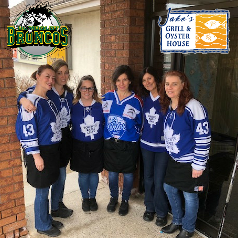 It's Jersey Day at Jake's. We're supporting the families of the Humboldt Broncos by sporting our blue and white. #JerseysForHumboldt #JerseyDay #humboldtstrong