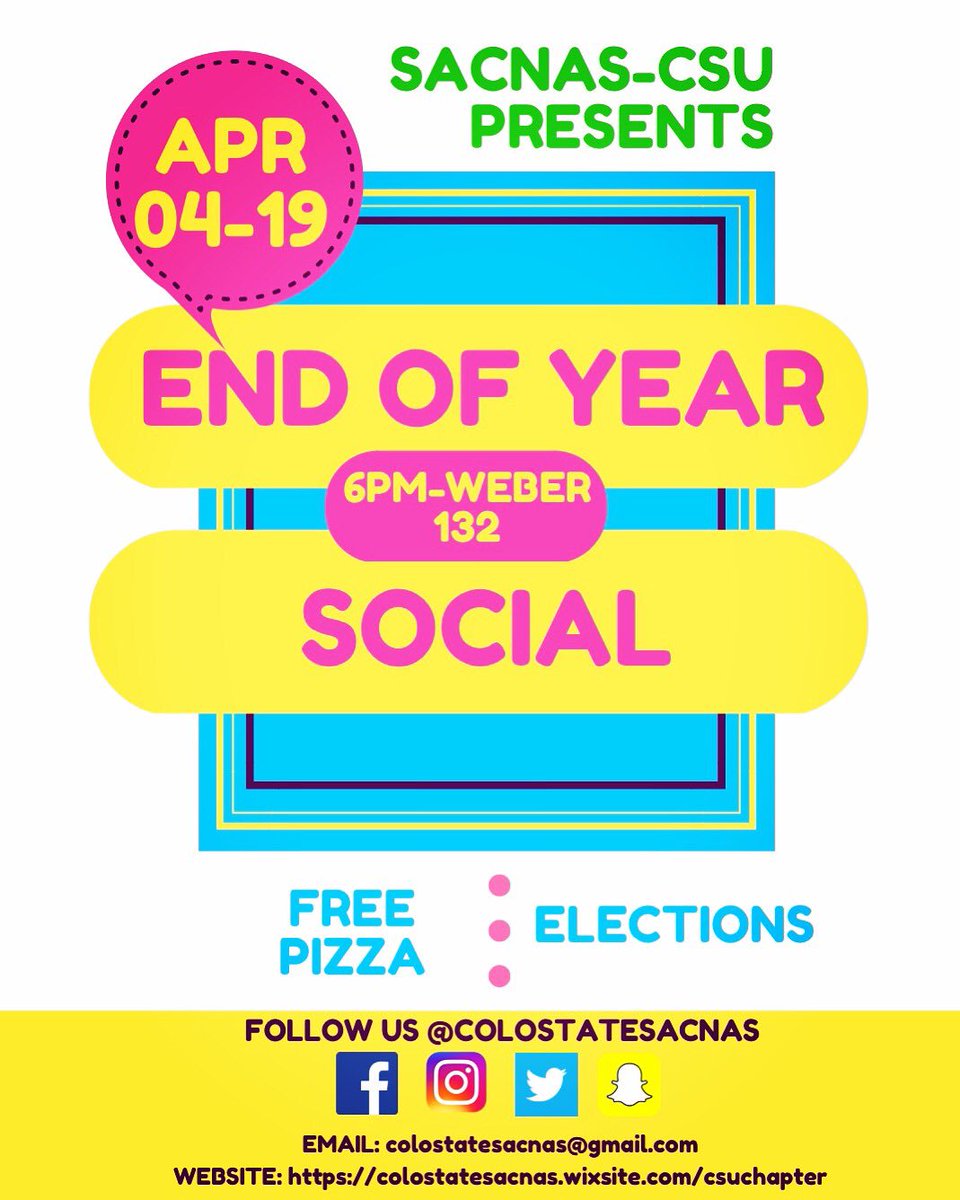 A week from today, we will be having our last SACNAS meeting of the semester! Come to our End of Year Social, there will be pizza 🍕 and we will have elections for next years Executive Board. Hope to see you all there 💖