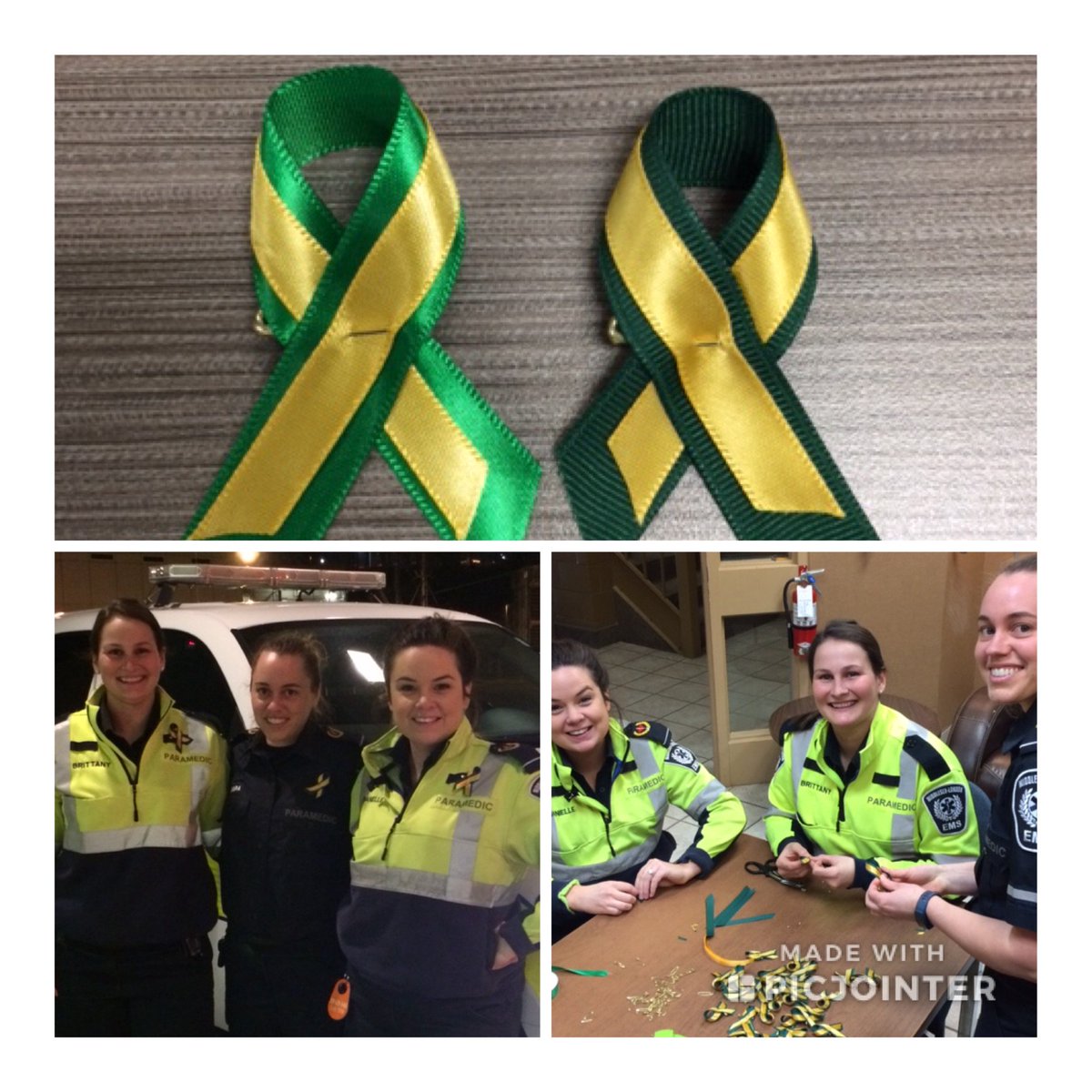 MLPS911's tweet photo. #jerseysforhumboldt #humboldtstrong MLPS sends our thoughts and support.  Thank you “A” platoon for making our ribbons last night. @LDNParamedics @OneFourSeven https://t.co/k4cSA0QQ5k
