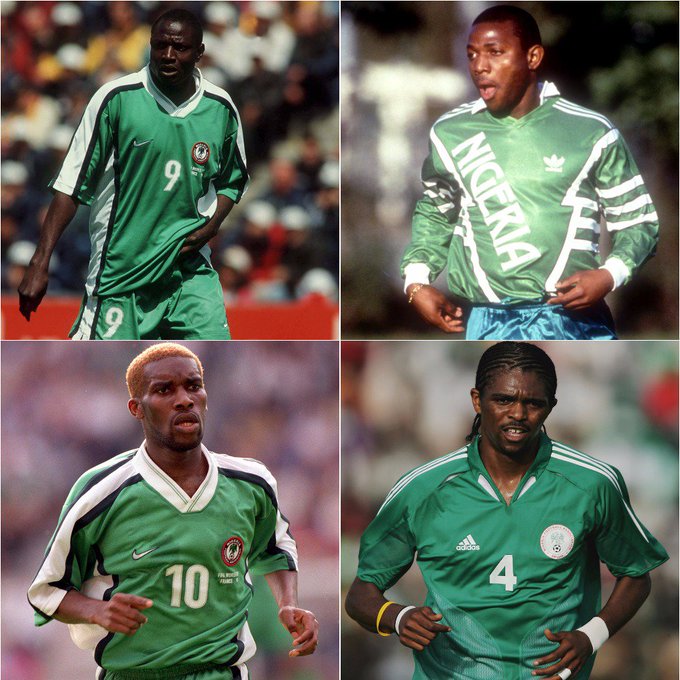 (Clockwise from top left) Rasheed Yekini, Stephen Keshi, Nwankwo Kanu, and Jay Jay Okocha