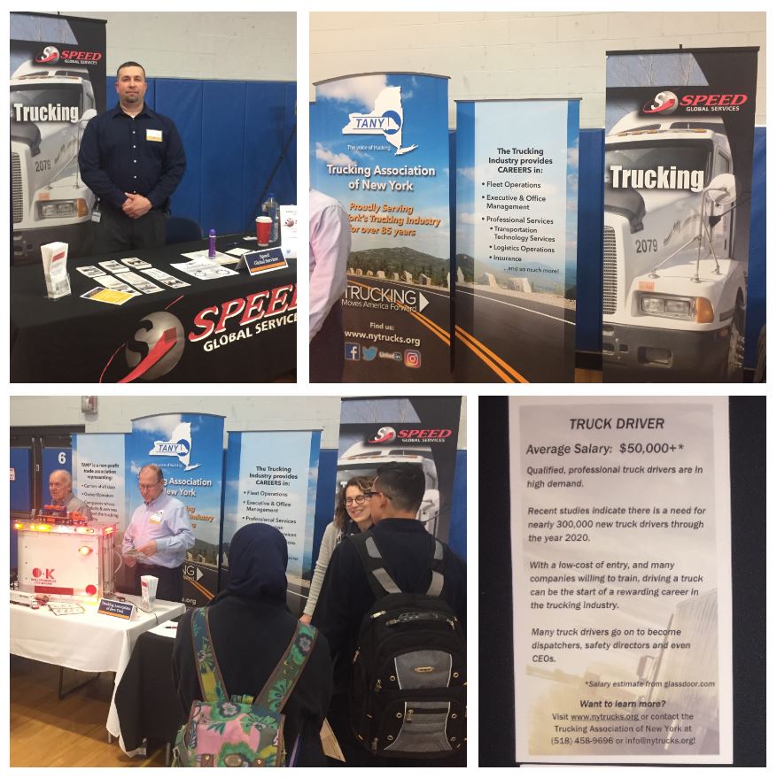 Speed's Safety Director Don Bigouette and reps from the Trucking Assoc. of NYS (TANYS) had great fun introducing the many great careers in logistics at the Charter School for Applied Technologies (CSAT) yesterday. #CareerFair #TruckingJobs #LogisticsJobs