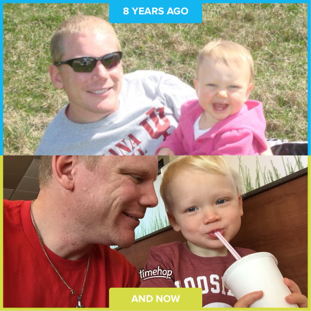 Schunk6's tweet photo. Daddy Day then and now! @HoosierFootball shirts in both pics! #LisaGrace #AndrewDavid https://t.co/wTNgQ5Ew7C