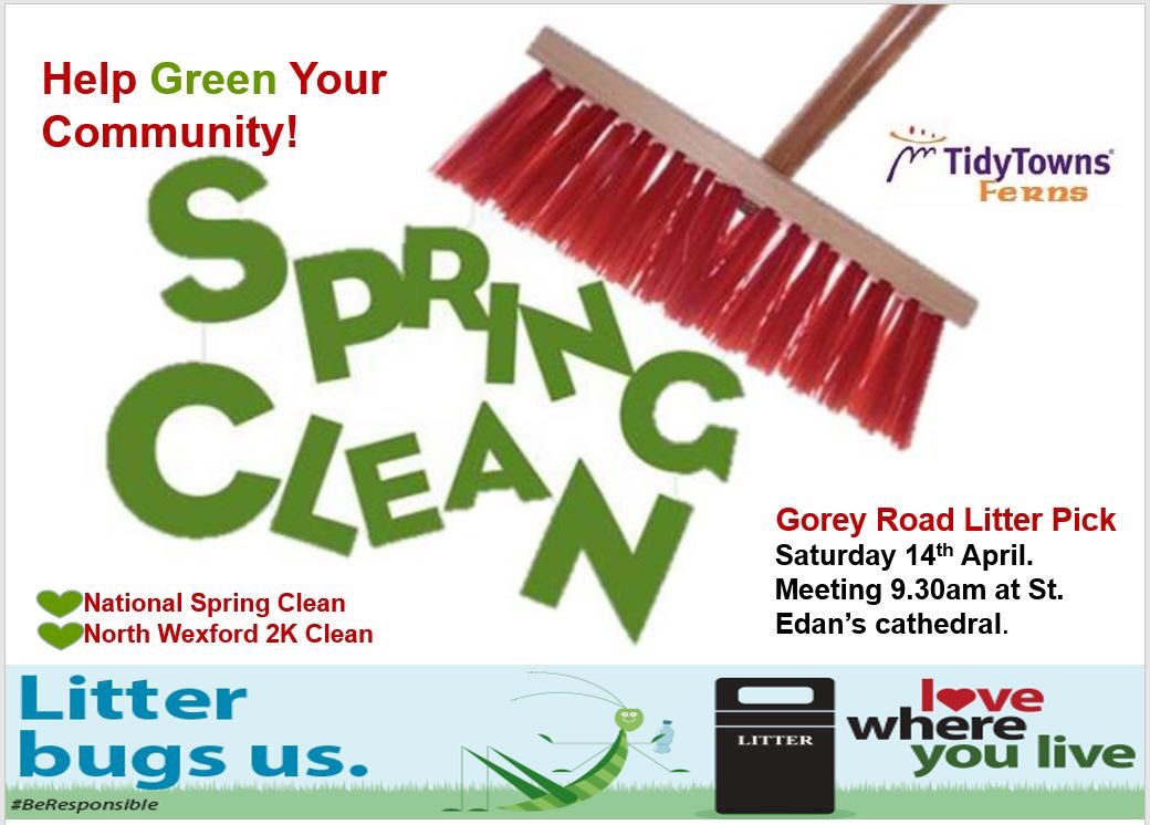 Fearna_Mor's tweet photo. It drives us crazy when we’re out out &amp; about and we see discarded litter littering the streets, parks or roadways. Help us green up our community on Sat 14th April,St. Edan’s cathedral 9.30am to litterpick the Gorey Road @NationalSpringC @wexfordcoco #springclean18  #NSC #NW2KC https://t.co/wT7MEXfS5z