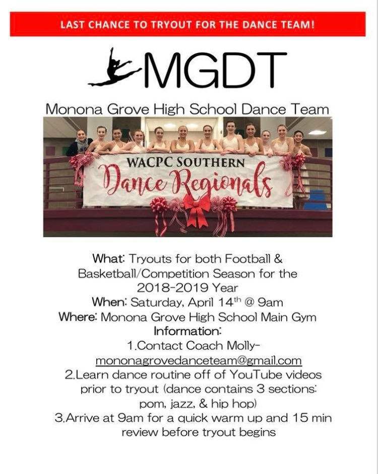 MGDanceTeam's tweet photo. If you missed tryouts, come join us this Saturday for our final tryout for both football and basketball season! https://t.co/O6YFkbjvt3
