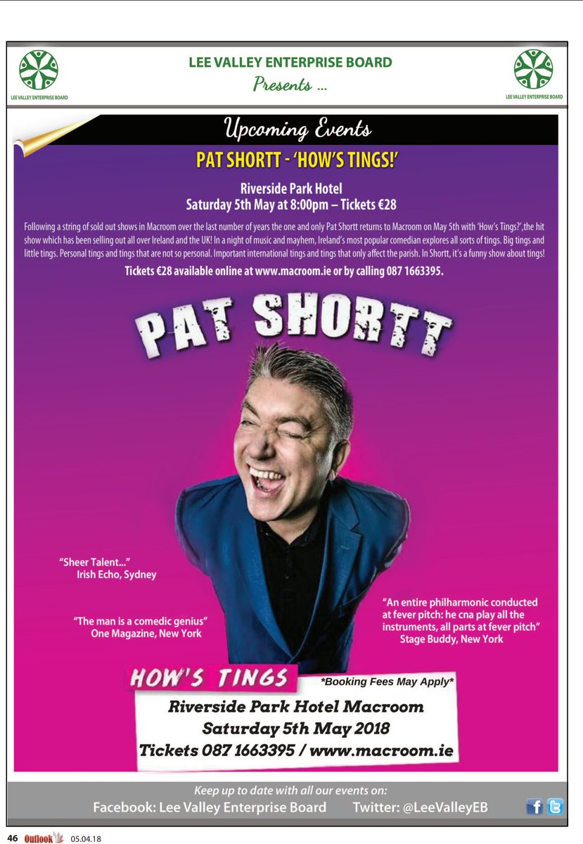 Have you got your tickets for the visit of <a href="/Pat_Shortt/">Pat Shortt</a> to Riverside Park Hotel on May 5th yet?!😁

To get yours just call 087 1663395 or click bit.ly/2uIUMkP 👌