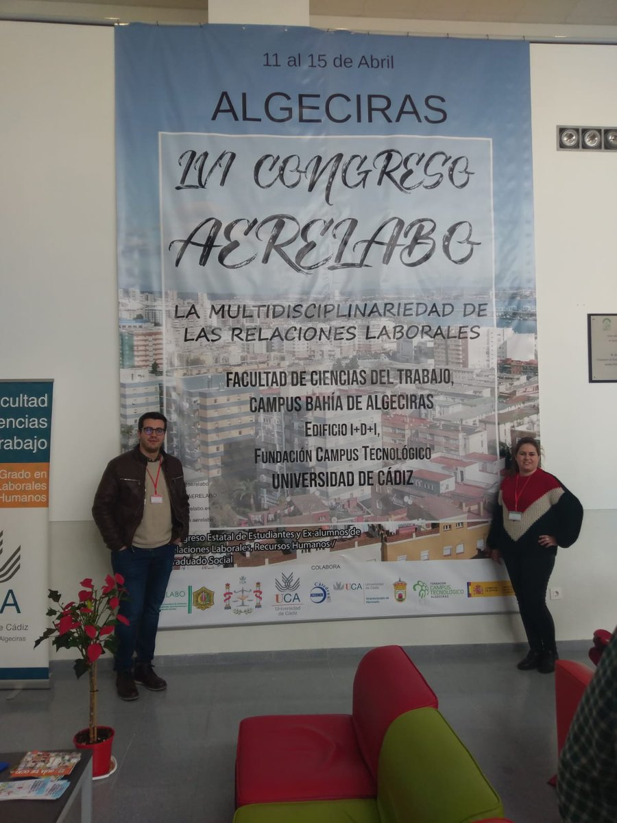 RRLLJaen's tweet photo. Los estudiantes de la @facsocUjaen Magdalena Castellano y Juan Manuel Herrera asisten al #56AERELABOAlgeciras en representación al alumnado del Grado en Relaciones Laborales y Recursos Humanos de la @ujaen https://t.co/dQmbUfSVBh