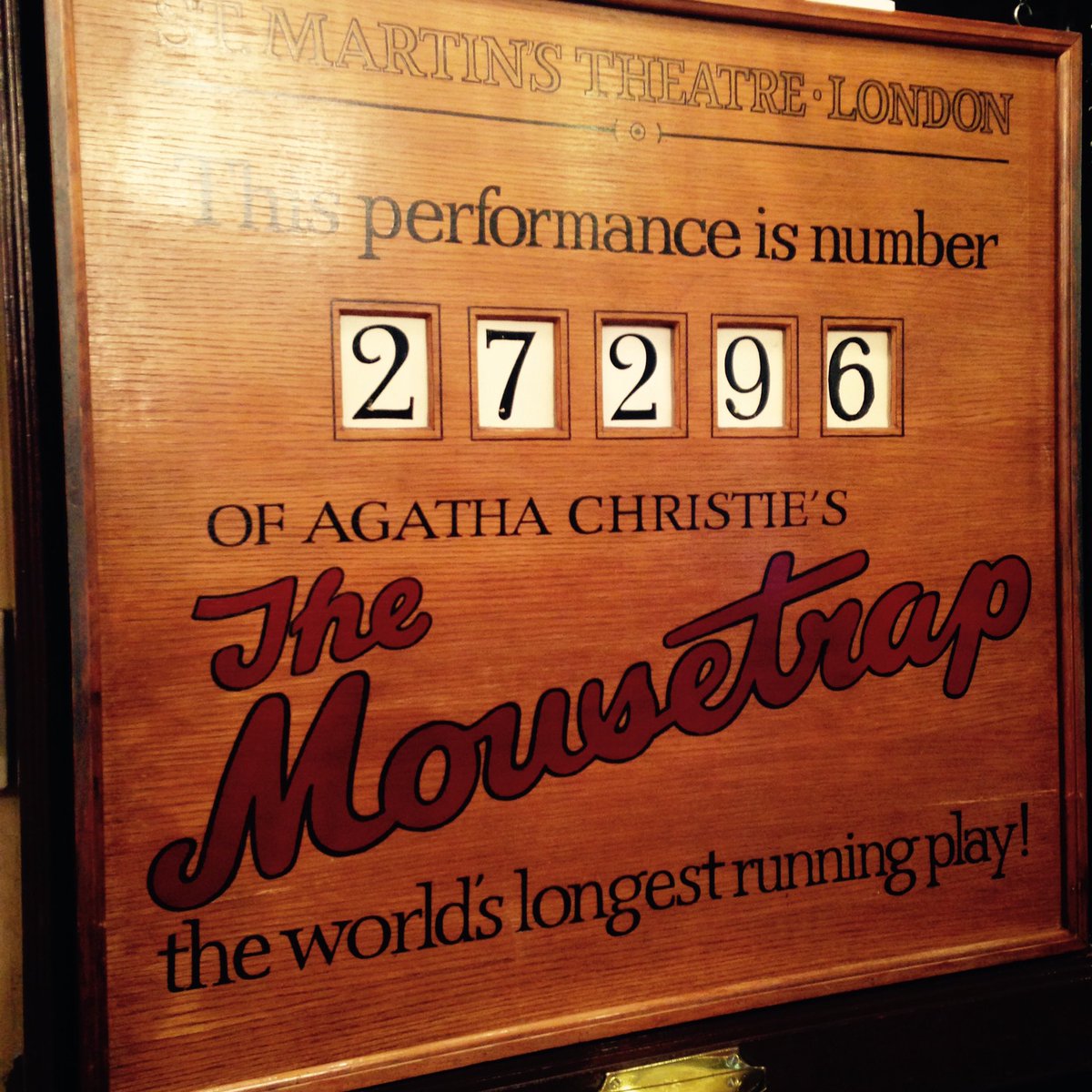 MousetrapLondon's tweet photo. 60 years ago today, The Mousetrap became the world's longest running show on the 2,239th performance. Today will end on the 27,296th show, with a new record made every night. #keepthesecret #lovetheatre #theatrehistory #london https://t.co/tcKAZUXjVI
