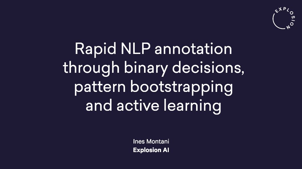 Screenshot of first title slide: "Rapid NLP annotation through binary decisions, pattern bootstrapping and active learning"