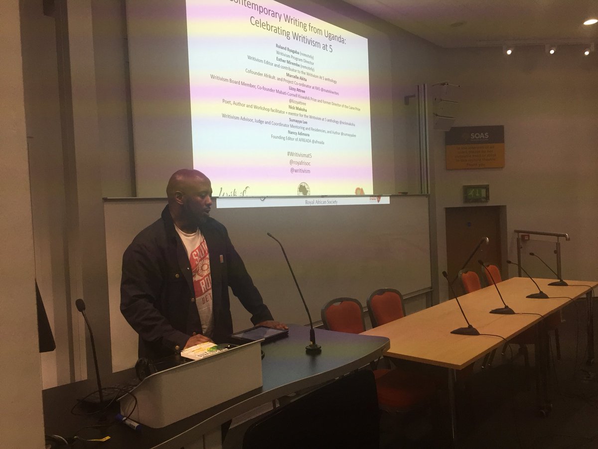 AfricaWritesUK's tweet photo. Nick Makoha speaks about the importance of Africans telling their stories, and the impact of @Writivism’s work in publishing annual anthologies by Ugandan writers #WritivismAt5 https://t.co/MNKmEvEpel