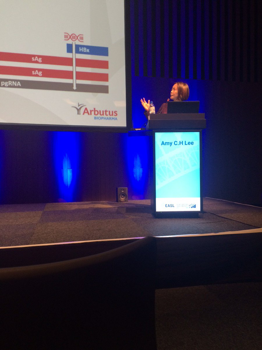ArbutusBio's tweet photo. Don't miss it! Amy Lee is presenting now on a promising new agent to potentiate HBV cure that acts on multiple #HBV viral transcripts, enabling inhibition of HBV replication and suppression of all viral antigens. #ILC2018 https://t.co/32gXfiBUCS