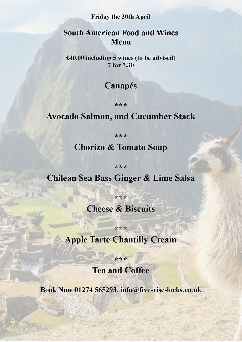 5RiseLocksHotel's tweet photo. Friday April the 20 th South American Wine Evening, 6 courses 5 wines fantastic night good food good company, book on 01274 565296 https://t.co/R1NVhzaPxs
