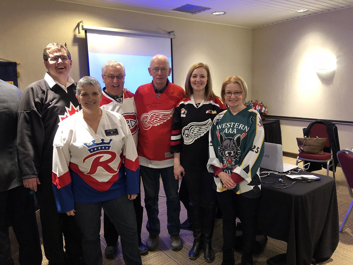 Rotarians in hockey jerseys to support Humbolt accident victims and their loved ones. #humboldtstong