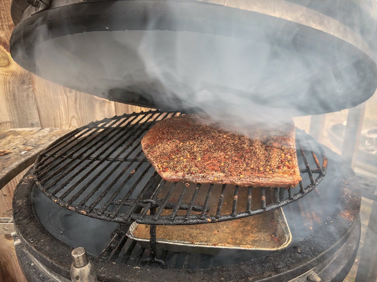 RaddCooking's tweet photo. Montreal Smoked Meat (pastrami-like brisket) is in the #smoke...now we wait for 5 hours of delicious #smoking https://t.co/cuo4XrCCY6