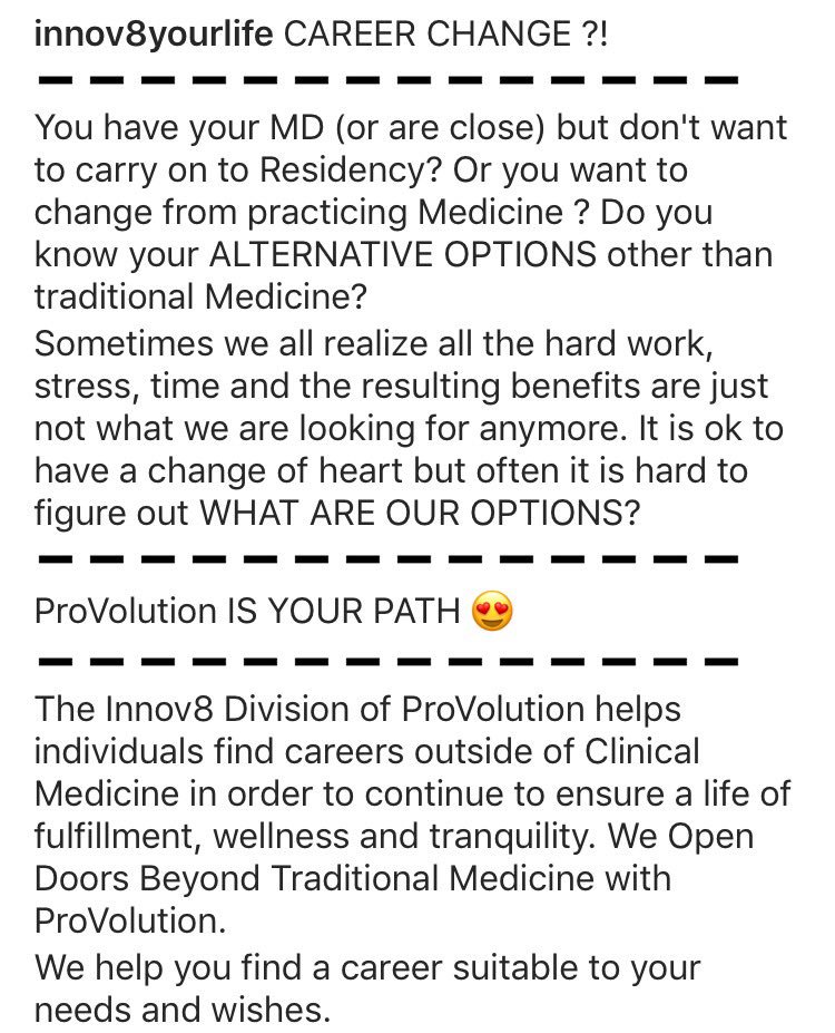 Innov8YourLife's tweet photo. #CAREERCHANGE ! 

You have #MD but don't want #Residency? #Doyouknow your #ALTERNATIVEOPTIONS ?

The Innov8 Division of #ProVolution helps #individuals find careers outside of #Clinical #Medicine in order to continue to ensure a life of #fulfillment, #wellness and #tranquility. https://t.co/jJjMV8D7G4