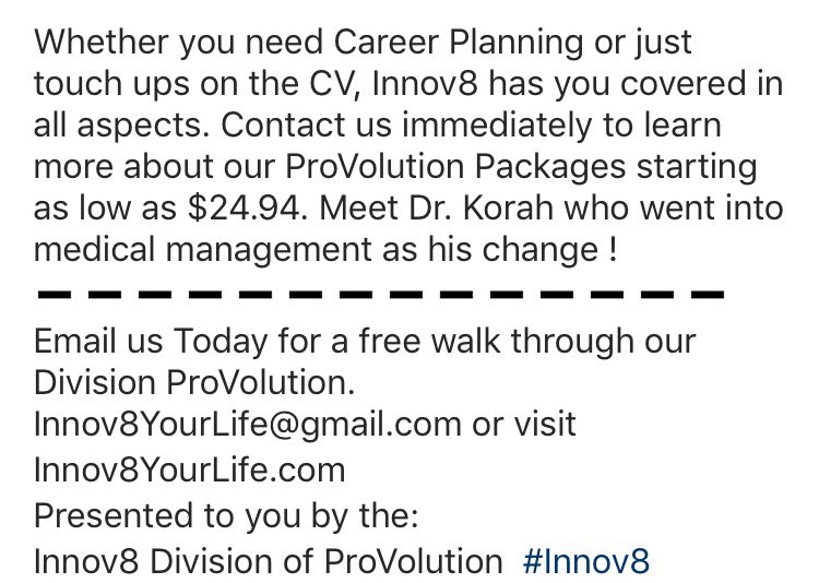 Innov8YourLife's tweet photo. #CAREERCHANGE ! 

You have #MD but don't want #Residency? #Doyouknow your #ALTERNATIVEOPTIONS ?

The Innov8 Division of #ProVolution helps #individuals find careers outside of #Clinical #Medicine in order to continue to ensure a life of #fulfillment, #wellness and #tranquility. https://t.co/jJjMV8D7G4