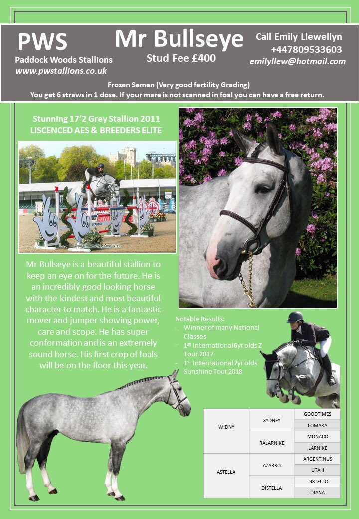 Mr Bullseye Stud Fee £400 Frozen semen, very good fertility rating. You get 6 straws in 1 dose. If your mare does not scan in foal you can have a free return.