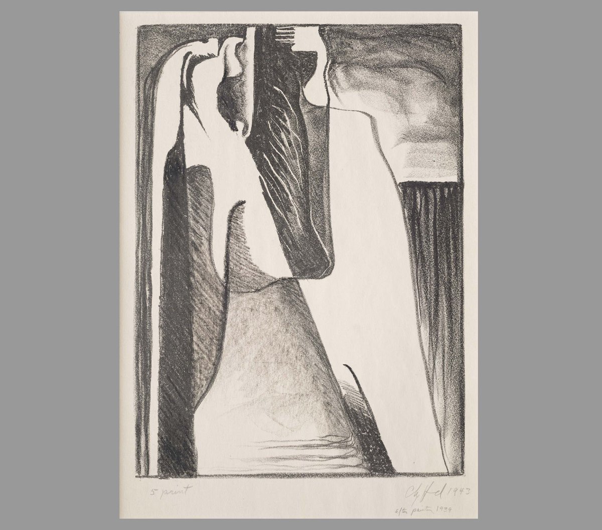 Still_Museum's tweet image. #OnViewNow: Our curators point to PL-12 as an example of a print that distills "imagery from earlier oil paintings to their most essential lines and shapes." | #ClyffordStill, PL-12, 1943. Lithograph, 12 1/2 x 8 3/4 inches (31.8 x 22.2 cm). Clyfford Still Museum, #Denver, CO.