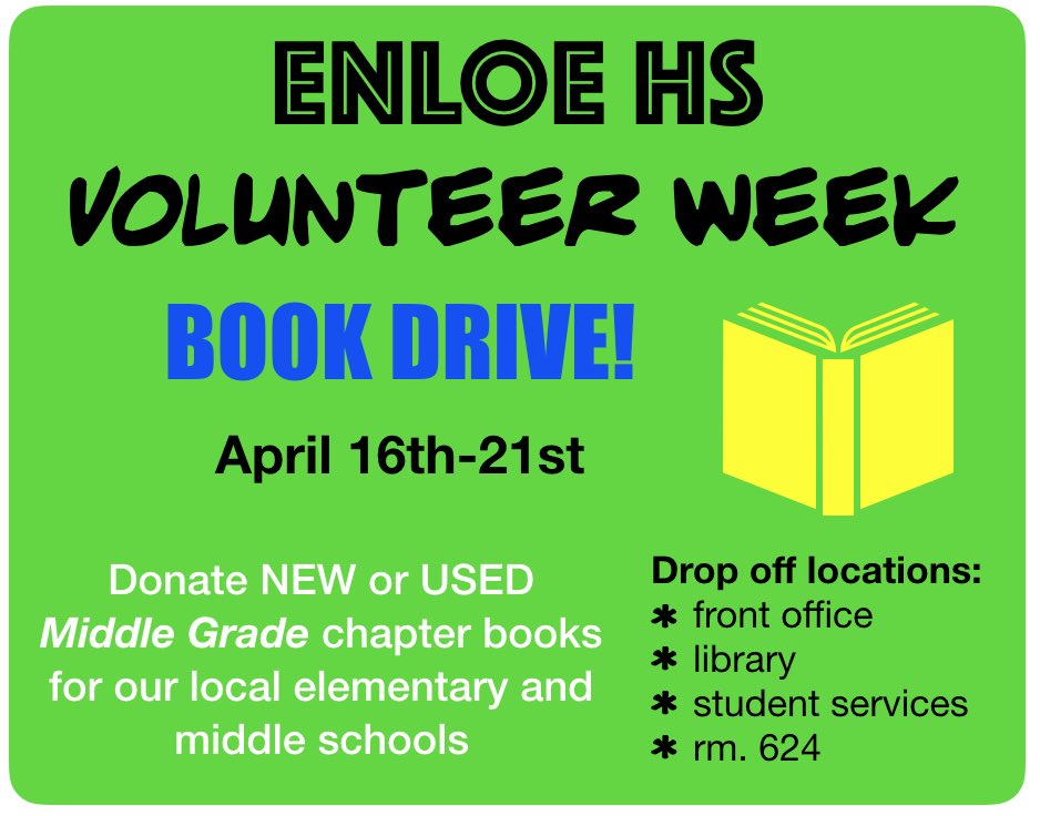 EnloeMagnetHS's tweet image. EHS is collecting books next week to donate to our future students at @CarnageMagnetMS and @ligonmiddle !  Bins will be located in the main office and media center. Our goal is to increase literacy achievement and access for Future Enloe Eagles 🦅 @WCPSS