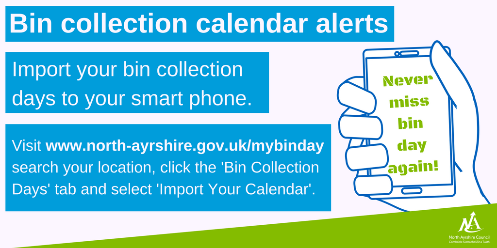 North_Ayrshire's tweet image. Import your bin collection calendar to your smart phone for collection day reminders. For more information please visit
north-ayrshire.gov.uk/mybinday